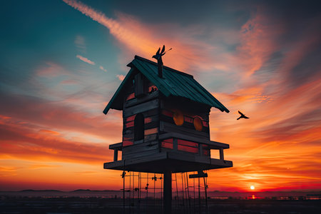 a birdhouse with a view of the sunrise, surrounded by vibrant colors in the sky, created with generative aiの素材