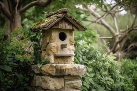birdhouse perched on stone pillar surrounded by greenery, created with generative aiの素材