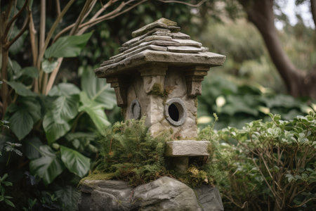 birdhouse perched on stone pillar surrounded by greenery, created with generative aiの素材
