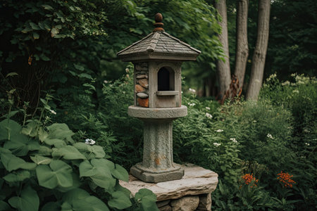birdhouse perched on stone pillar surrounded by greenery, created with generative aiの素材