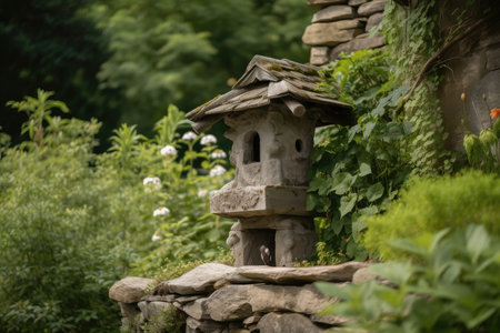 birdhouse perched on stone pillar surrounded by greenery, created with generative aiの素材