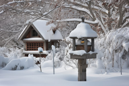 birdhouse and feeder in snow-covered garden, created with generative aiの素材