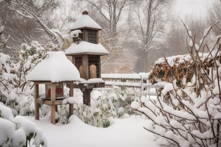 birdhouse and feeder in snow-covered garden, created with generative aiの素材
