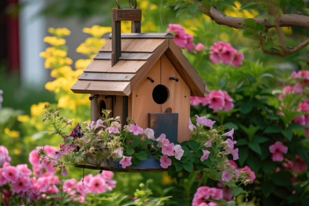 birdhouse with feeder hanging in garden surrounded by blooming flowers, created with generative aiの素材
