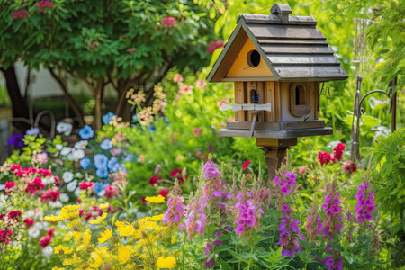 birdhouse with feeder hanging in garden surrounded by blooming flowers, created with generative aiの素材