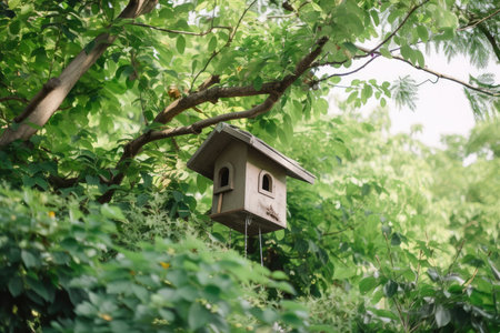 a birdhouse with a treetop view, surrounded by lush greenery, created with generative aiの素材