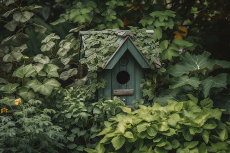 birdhouse surrounded by lush, green foliage, created with generative aiの素材