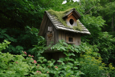birdhouse surrounded by lush, green foliage, created with generative aiの素材