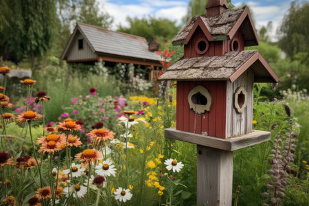birdhouse surrounded by a blooming garden, with the feeder visible in the foreground, created with generative aiの素材