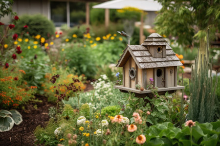 birdhouse surrounded by a blooming garden, with the feeder visible in the foreground, created with generative aiの素材