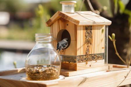 close-up of birdhouse with fresh seed and water feeders visible, created with generative aiの素材
