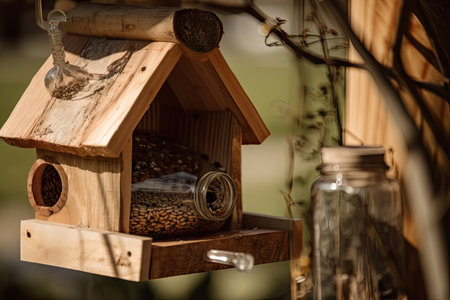 close-up of birdhouse with fresh seed and water feeders visible, created with generative aiの素材