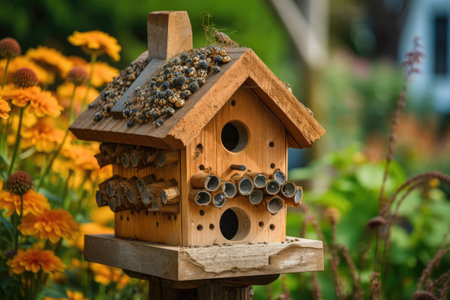 traditional birdhouse with a smattering of seeds, created with generative aiの素材