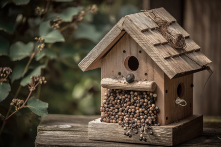 traditional birdhouse with a smattering of seeds, created with generative aiの素材
