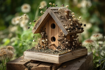 traditional birdhouse with a smattering of seeds, created with generative aiの素材