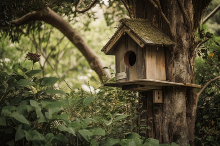 rustic birdhouse in tree, surrounded by lush greenery, created with generative aiの素材