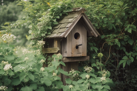 rustic birdhouse in tree, surrounded by lush greenery, created with generative aiの素材