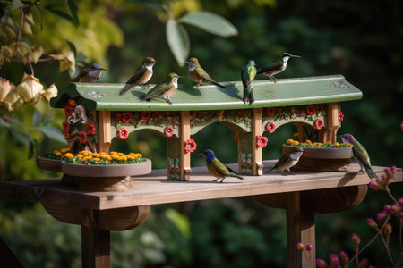 hummingbird feeding station, with multiple feeders and birdhouses for the ultimate in hummingbird delight, created with generative aiの素材