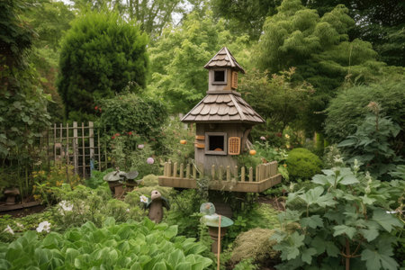 birdhouse and feeders surrounded by lush greenery in garden setting, created with generative aiの素材