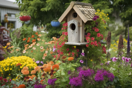 birdhouse surrounded by garden with colorful blooms and butterflies, created with generative aiの素材