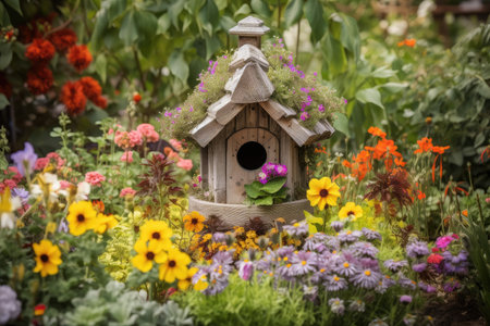 cozy birdhouse surrounded by colorful flowers, created with generative aiの素材