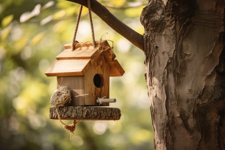 birdhouse and feeder hanging from a tree branch, created with generative aiの素材