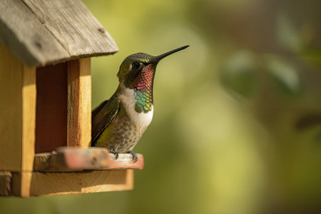hummingbird feeding from a birdhouse feeder, created with generative aiの素材