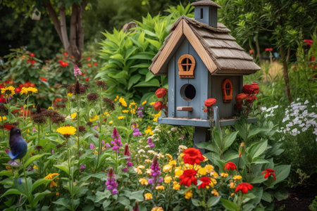 a birdhouse surrounded by a lush garden, with colorful blooms and butterflies, created with generative aiの素材