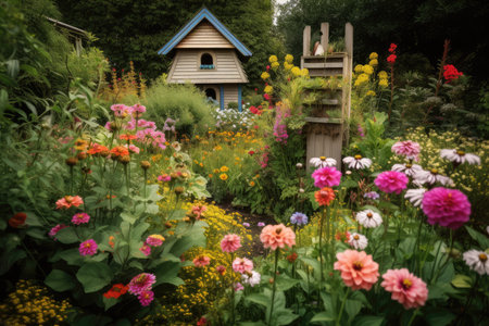 a birdhouse surrounded by a lush garden, with colorful blooms and butterflies, created with generative aiの素材