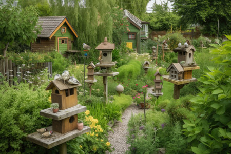 birdfeeders and birdhouses in lush green garden, created with generative aiの素材