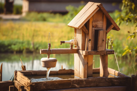 traditional birdhouse with water and seed feeders on a wooden post, created with generative aiの素材