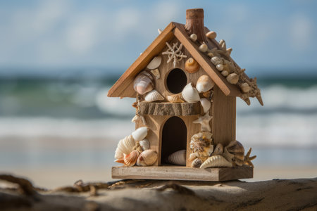 birdhouse with view of the beach, surrounded by seashells and starfish, created with generative aiの素材
