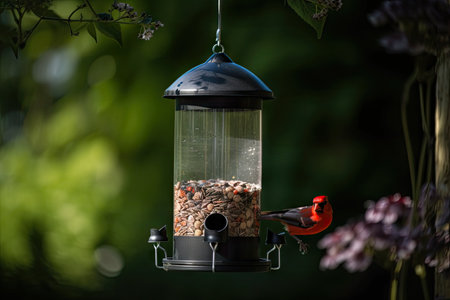bird feeder with sunflower seeds, attracting cardinals and other common birds, created with generative aiの素材