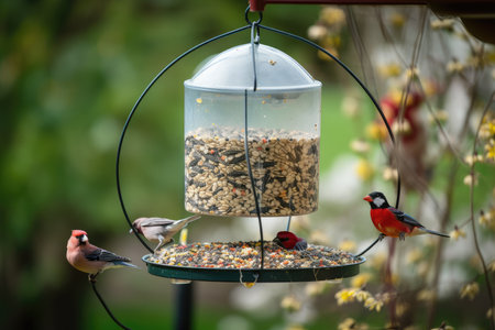 bird feeder with sunflower seeds, attracting cardinals and other common birds, created with generative aiの素材
