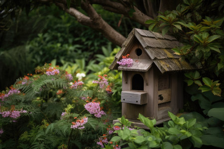 birdhouse surrounded by lush greenery and flowers, created with generative aiの素材