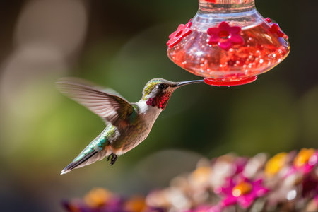 hummingbird feeder with red petals and nectar, created with generative aiの素材