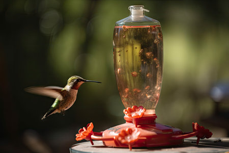hummingbird feeder with red petals and nectar, created with generative aiの素材