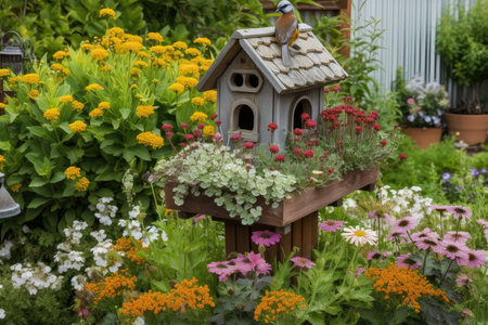 birdhouse surrounded by flowering plants and bird feeders, created with generative aiの素材