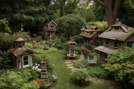 backyard with birdhouses and feeders surrounded by lush greenery, created with generative aiの素材
