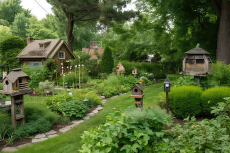 view of backyard with birdhouses and feeders in the foreground and lush greenery in the background, created with generative aiの素材