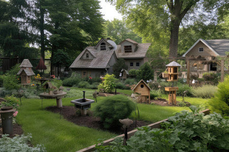 view of backyard with birdhouses and feeders in the foreground and lush greenery in the background, created with generative aiの素材