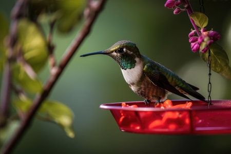 hummingbird feeding from a hanging feeder, created with generative aiの素材