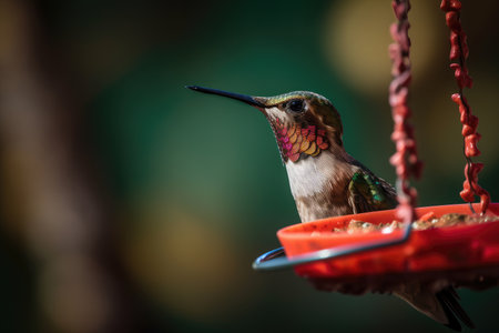 hummingbird feeding from a hanging feeder, created with generative aiの素材