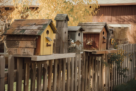 two birdhouses and two feeders on a wooden fence, created with generative aiの素材