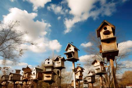 crisp blue sky and white clouds above birdhouses and feeders, created with generative aiの素材