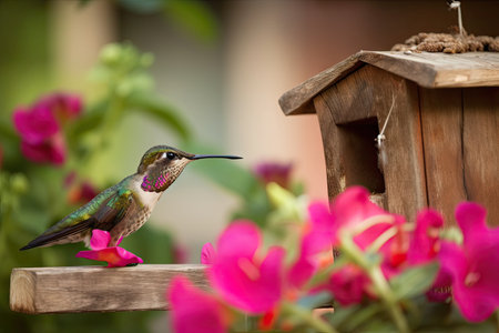 hummingbird feeding from flower and birdhouse in the background, created with generative aiの素材