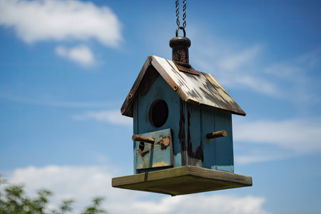 painted birdhouse with hanging feeder and blue sky in the background, created with generative aiの素材