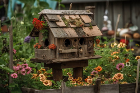 rustic birdhouse surrounded by blooming flowers and fresh feeders, created with generative aiの素材
