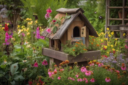rustic birdhouse surrounded by blooming flowers and fresh feeders, created with generative aiの素材