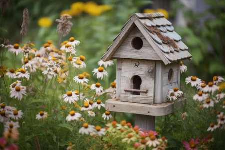 birdhouse with feeder surrounded by blooming flowers, created with generative aiの素材
